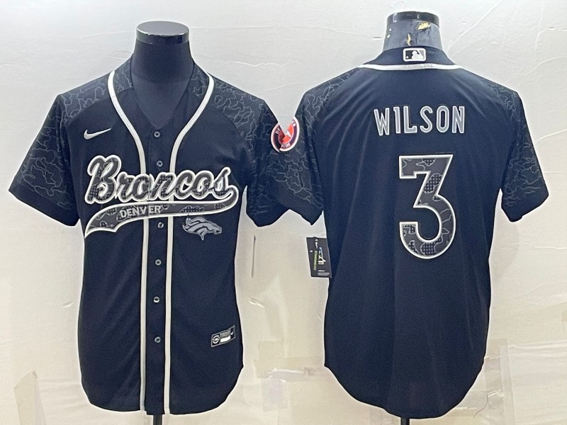 Men's Denver Broncos #3 Russell Wilson Black Reflective With Patch Cool Base Stitched Baseball Jersey